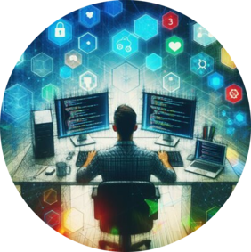 foto de perfil generado por IA representa a un programador enfrente de dos pantallas, en las cuales esta escribiendo código